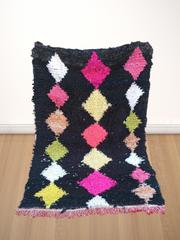 Load image into Gallery viewer, narrow boucherouite rug, boucherouite runners, colored Boucherouite, vintage runner carpet | 110cm x 168cm In Stock