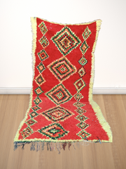 Load image into Gallery viewer, red unique old rug, Boucherouite vintage, boucharouite rug, boucherouite carpet, multicoloured rug | 120cm x 242cm In Stock