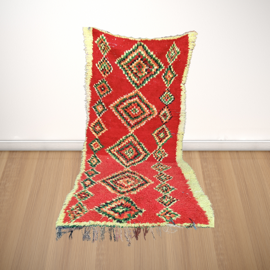 red unique old rug, Boucherouite vintage, boucharouite rug, boucherouite carpet, multicoloured rug | 120cm x 242cm In Stock
