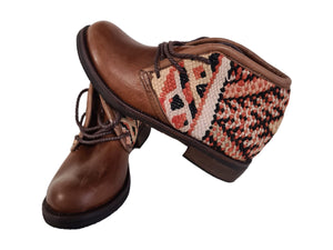 MOROCCAN KILIM BOOTS, Vintage Carpet Leather Boots Boho, Handmade Western Ankle Boots - AUALIRUG