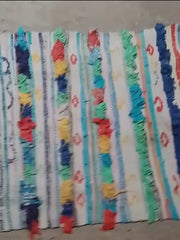 Load and play video in Gallery viewer, Boucheruite area rugs, vintage tribal rugs, Berber Vintage tapis, Boucherouite rugs | 73cm x 238cm In Stock
