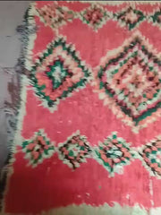 Load and play video in Gallery viewer, red unique old rug, Boucherouite vintage, boucharouite rug, boucherouite carpet, multicoloured rug | 120cm x 242cm In Stock
