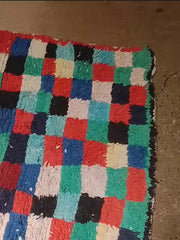 Load and play video in Gallery viewer, Exquisite Fusion: Berber Vintage Bouchouite Rug - Tribal Patterns and Vibrant Hues, Checked Rug | 110cm x 150cm In Stock
