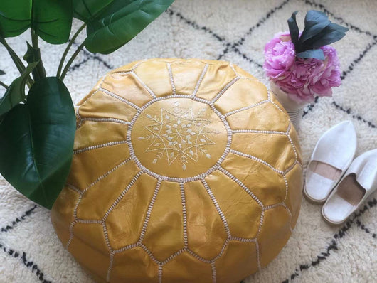 Moroccan Pouf Leather Pouf Ottoman Pouf Moroccan home decor boho moroccan kilim berber pouf ottoman footstool handmade-yellow #3 - AUALIRUG