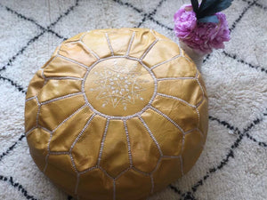 Moroccan Pouf Leather Pouf Ottoman Pouf Moroccan home decor boho moroccan kilim berber pouf ottoman footstool handmade-yellow #3 - AUALIRUG