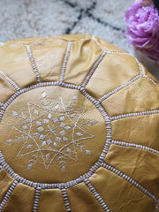 Load image into Gallery viewer, Moroccan Pouf Leather Pouf Ottoman Pouf Moroccan home decor boho moroccan kilim berber pouf ottoman footstool handmade-yellow #3 - AUALIRUG
