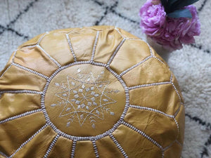 Moroccan Pouf Leather Pouf Ottoman Pouf Moroccan home decor boho moroccan kilim berber pouf ottoman footstool handmade-yellow #3 - AUALIRUG