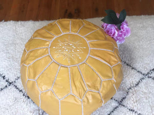 Moroccan Pouf Leather Pouf Ottoman Pouf Moroccan home decor boho moroccan kilim berber pouf ottoman footstool handmade-yellow #3 - AUALIRUG