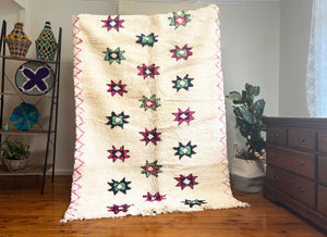 Amazing Multicolored Rug - Moroccan Handmade Rug - White Rug with Star - Checkerboard Rug - Handmade Wool Carpet - Chic Rug - Handwoven Rug