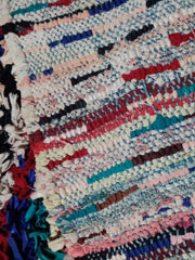 Load image into Gallery viewer, handmade boucherouite carpet, single area rug, boucherouite outdoor rug, long vintage rug
