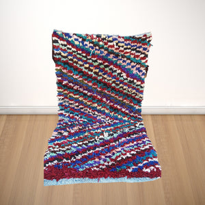handmade boucherouite carpet, single area rug, boucherouite outdoor rug, long vintage rug